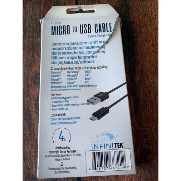 Micro To USB Cable 4Ft By INFINITEK For Smartphone Tablet Bluetooth Devices Data - Picture 2 of 2